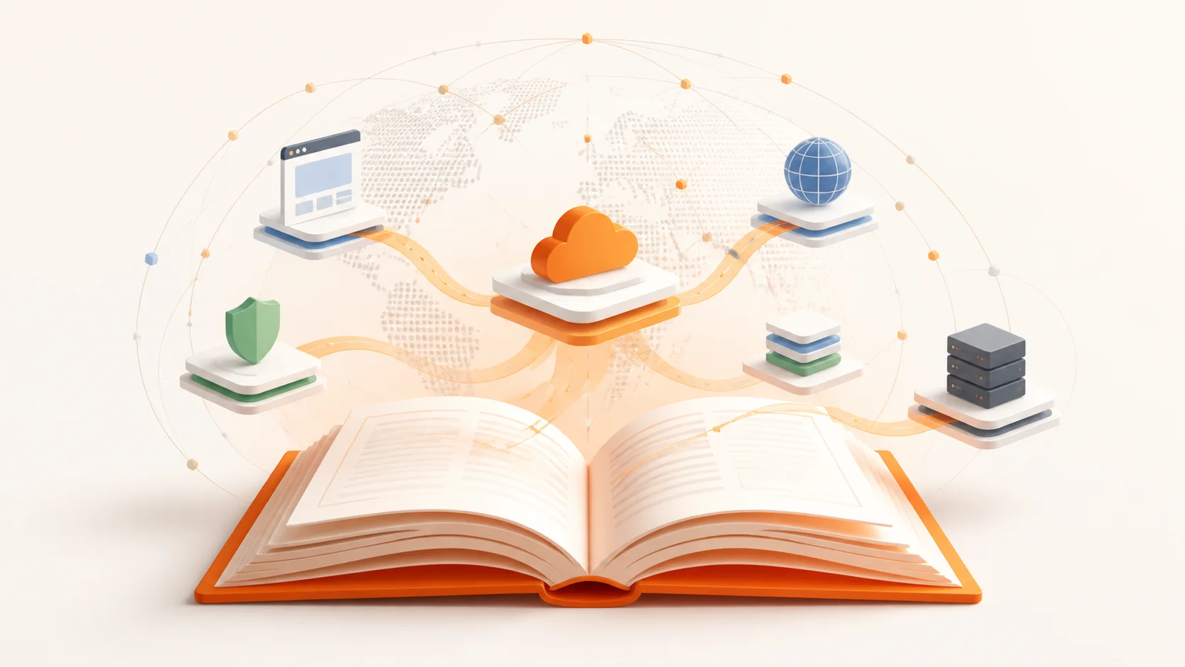 An open orange technical handbook connecting browser, security, cache, and origin nodes across a global network