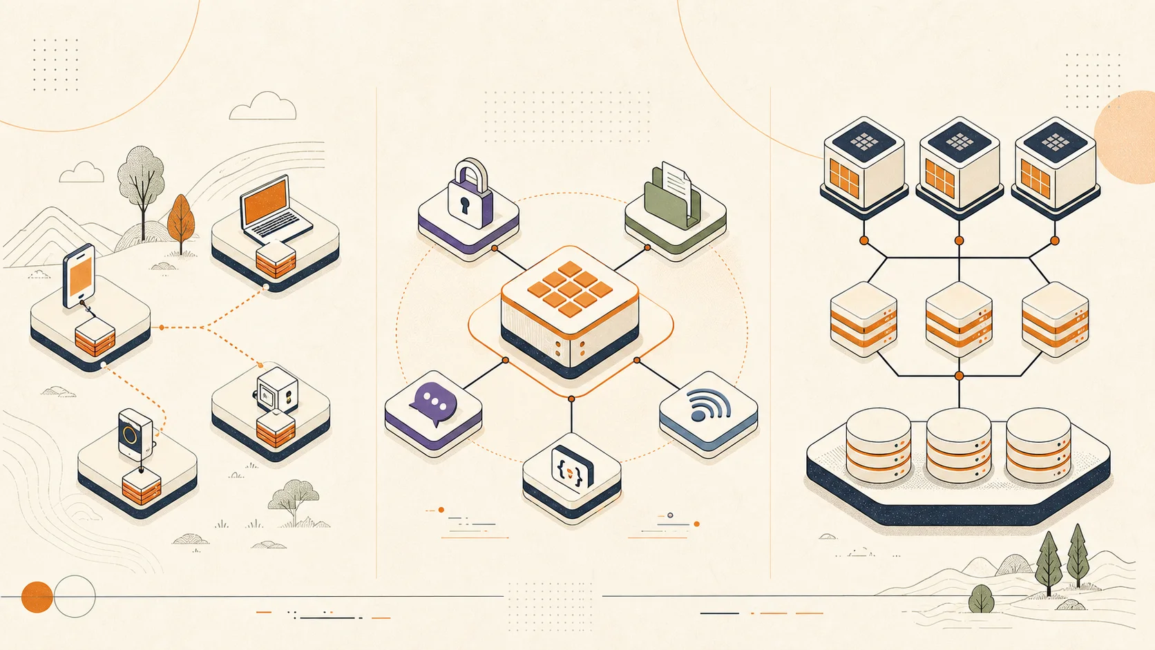 Three abstract database architectures representing an edge-native database, an integrated backend platform, and branched compute and storage